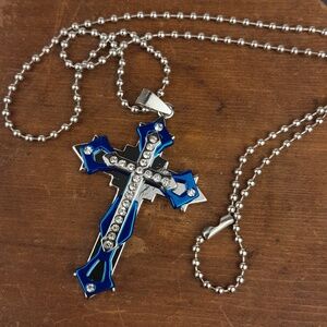 Mens Stainless Steel Blue Silver Cross Pendant Necklace